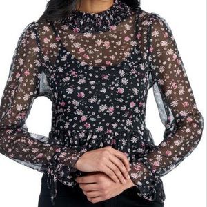 BCBGENERATION Floral Chiffon Ruffled Mock Neck Top